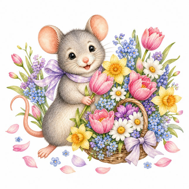Mouse & Basket of Flowers 100% Cotton Fabric Panel Block AAB1596