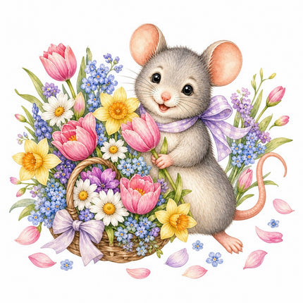 Mouse & Basket of Flowers 100% Cotton Fabric Panel Block FLIP-AAB1596