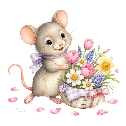 Mouse & Basket of Flowers 100% Cotton Fabric Panel Block AAB1598
