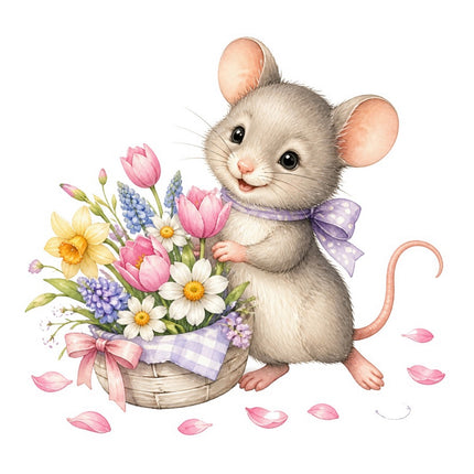 Mouse & Basket of Flowers 100% Cotton Fabric Panel Block FLIP-AAB1598