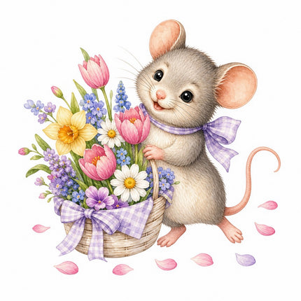 Mouse & Basket of Flowers 100% Cotton Fabric Panel Block FLIP-AAB1599