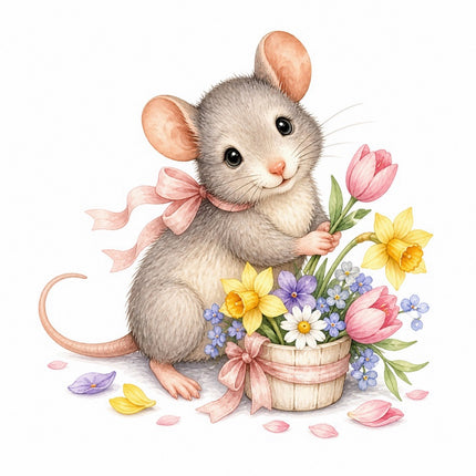 Mouse & Basket of Flowers 100% Cotton Fabric Panel Block FLIP-AAB1601