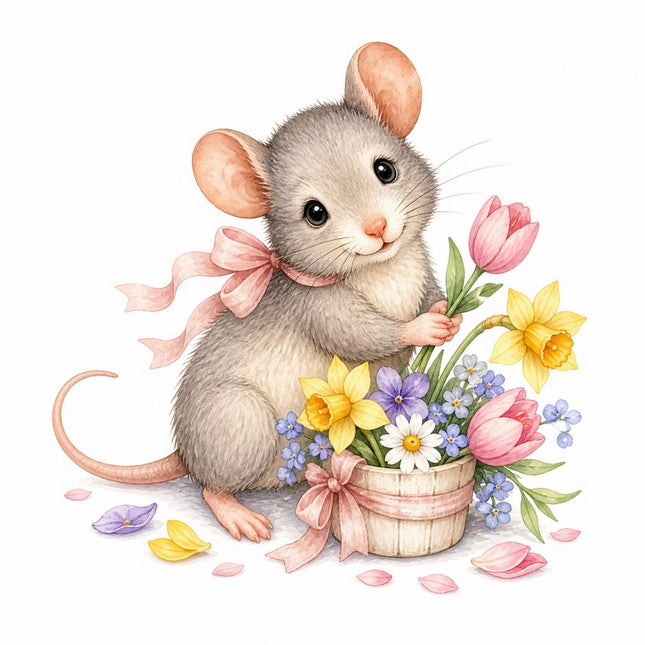 Mouse & Basket of Flowers 100% Cotton Fabric Panel Block FLIP-AAB1601