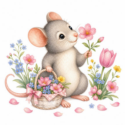 Mouse & Basket of Flowers 100% Cotton Fabric Panel Block FLIP-AAB1603