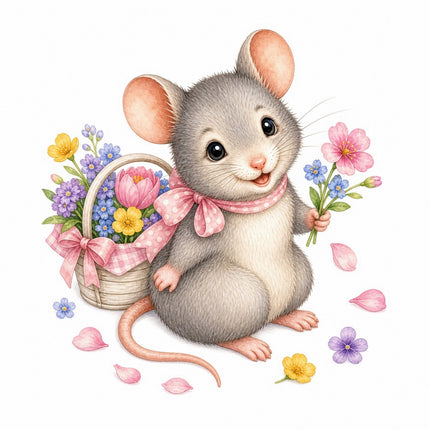Mouse & Basket of Flowers 100% Cotton Fabric Panel Block FLIP-AAB1605