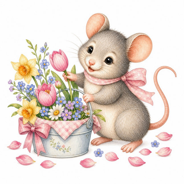Mouse & Basket of Flowers 100% Cotton Fabric Panel Block FLIP-AAB1606