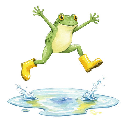 Frog Jumping Over Puddle 100% Cotton Fabric Panel Block FLIP-AAB1677