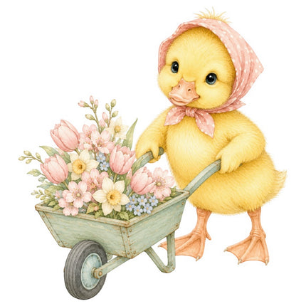 Yellow Duckling With Wheelbarrow 100% Cotton Fabric FLIP-AAB1689