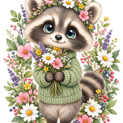 Floral Raccoon 100% Cotton Fabric Panel Block FLIP-AAB1724