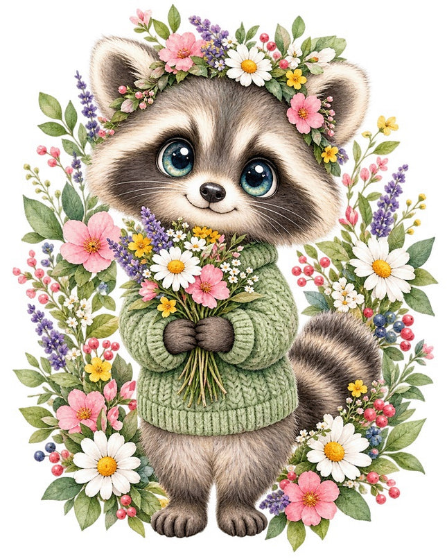 Floral Raccoon 100% Cotton Fabric Panel Block FLIP-AAB1724