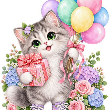 Floral Birthday Cat With Balloons 100% Cotton Fabric Panel Block FLIP-AAB1726