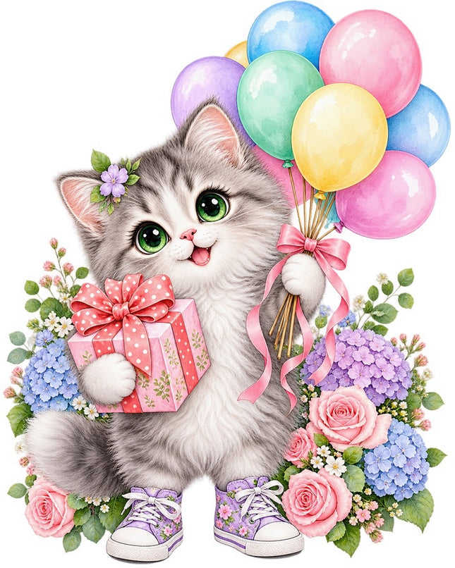 Floral Birthday Cat With Balloons 100% Cotton Fabric Panel Block FLIP-AAB1726