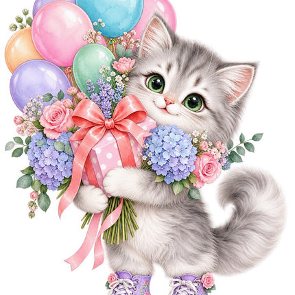 Floral Birthday Cat With Balloons 100% Cotton Fabric Panel Block FLIP-AAB1727