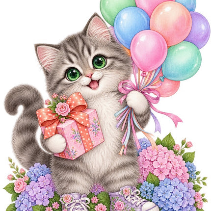 Floral Birthday Cat With Balloons 100% Cotton Fabric Panel Block FLIP-AAB1728