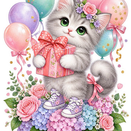 Floral Birthday Cat With Balloons 100% Cotton Fabric Panel Block FLIP-AAB1729
