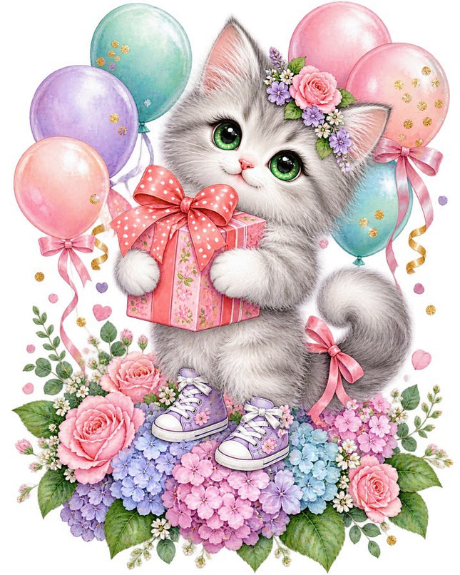Floral Birthday Cat With Balloons 100% Cotton Fabric Panel Block FLIP-AAB1729