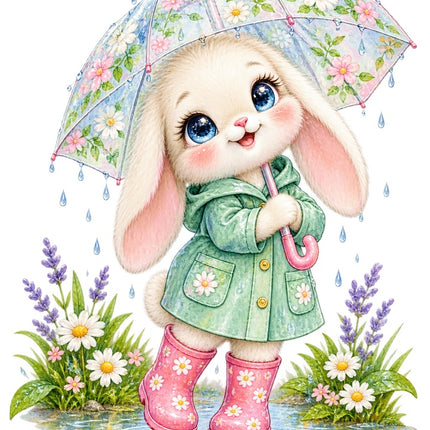 Rabbit With Umbrella 100% Cotton Fabric Panel Block AAB1731