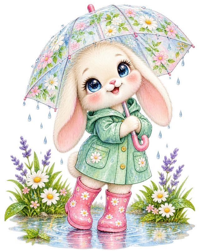 Rabbit With Umbrella 100% Cotton Fabric Panel Block AAB1731