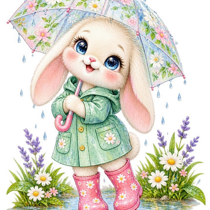 Rabbit With Umbrella 100% Cotton Fabric Panel Block FLIP-AAB1731