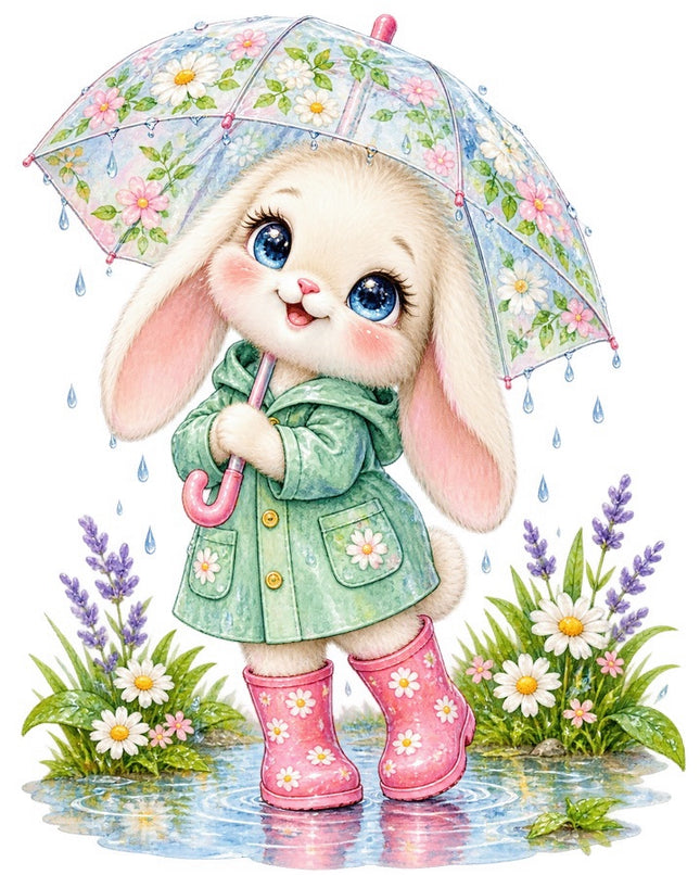 Rabbit With Umbrella 100% Cotton Fabric Panel Block FLIP-AAB1731