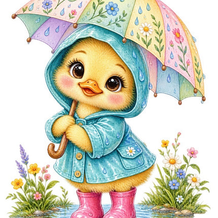Yellow Duckling With Umbrella 100% Cotton Fabric Panel Block FLIP-AAB1732