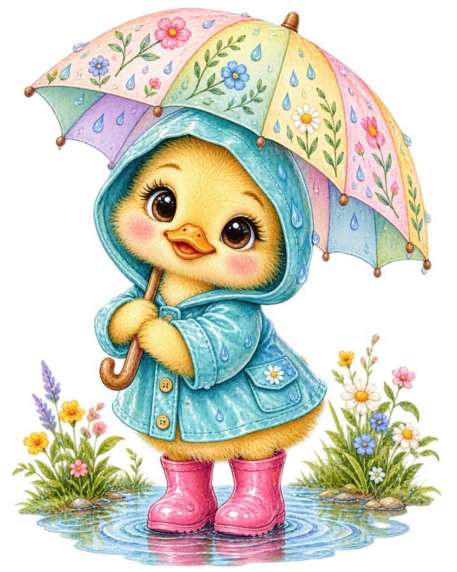 Yellow Duckling With Umbrella 100% Cotton Fabric Panel Block FLIP-AAB1732
