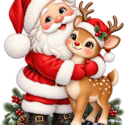 Christmas Santa & Reindeer 100% Cotton Fabric Panel Block AAB1741