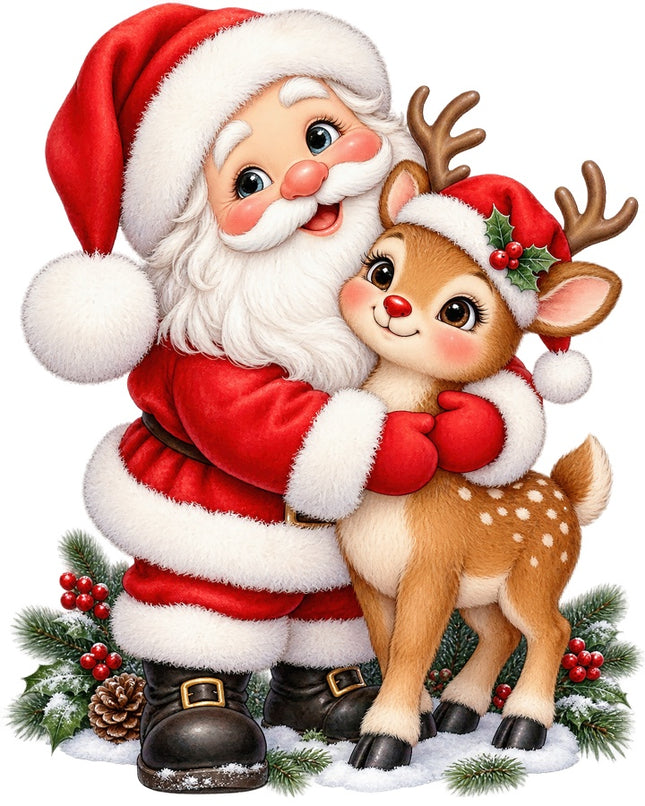 Christmas Santa & Reindeer 100% Cotton Fabric Panel Block AAB1741