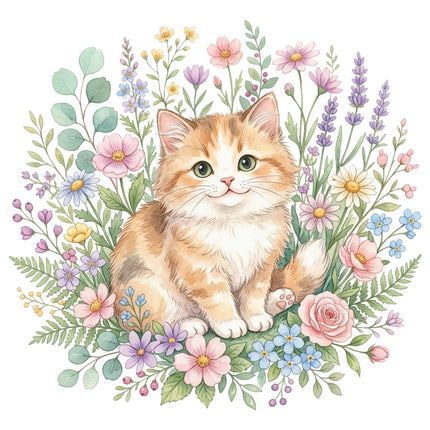 kitty cat in flowers fabric panel