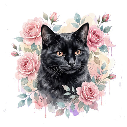 black cat in flowers fabric panel
