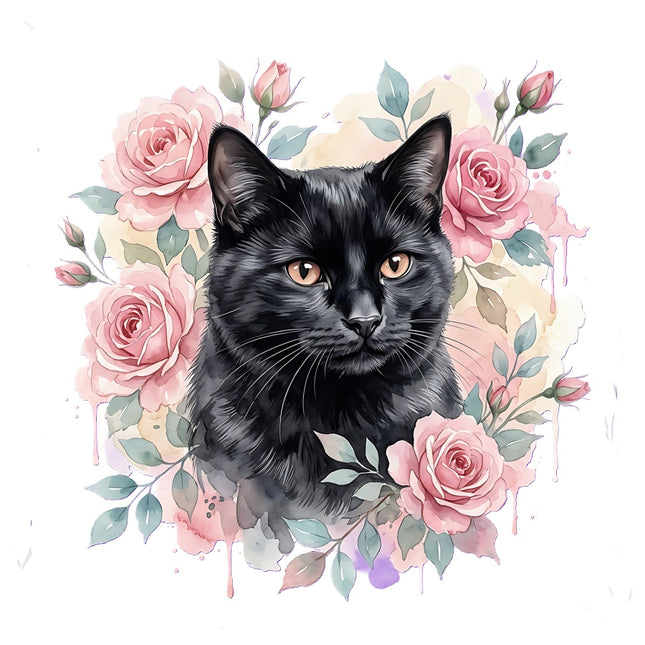 black cat in flowers fabric panel