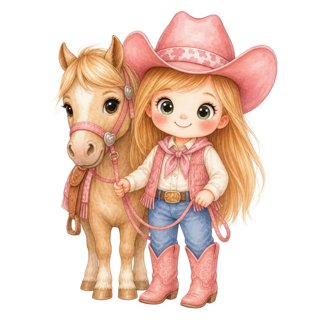 Pink Cowgirl & Horse 100% Cotton Fabric Panel Block AAB2007