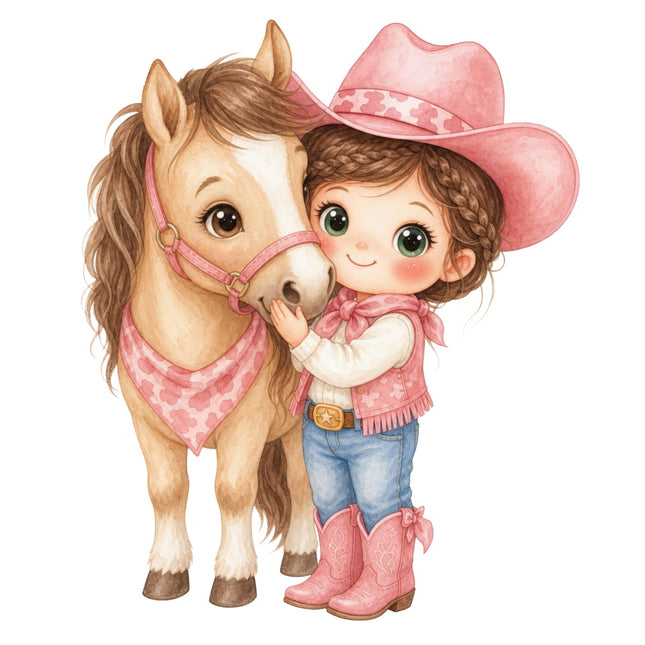 Pink Cowgirl & Horse 100% Cotton Fabric Panel Block AAB2008