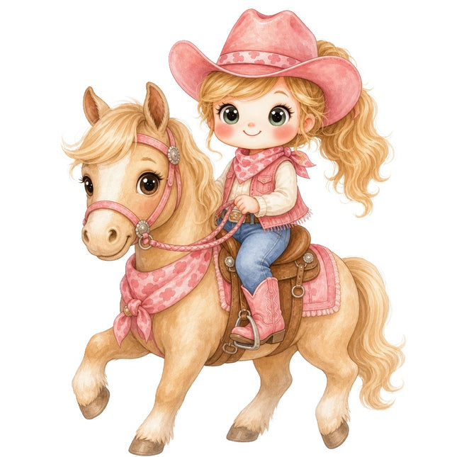 Pink Cowgirl & Horse 100% Cotton Fabric Panel Block AAB2014