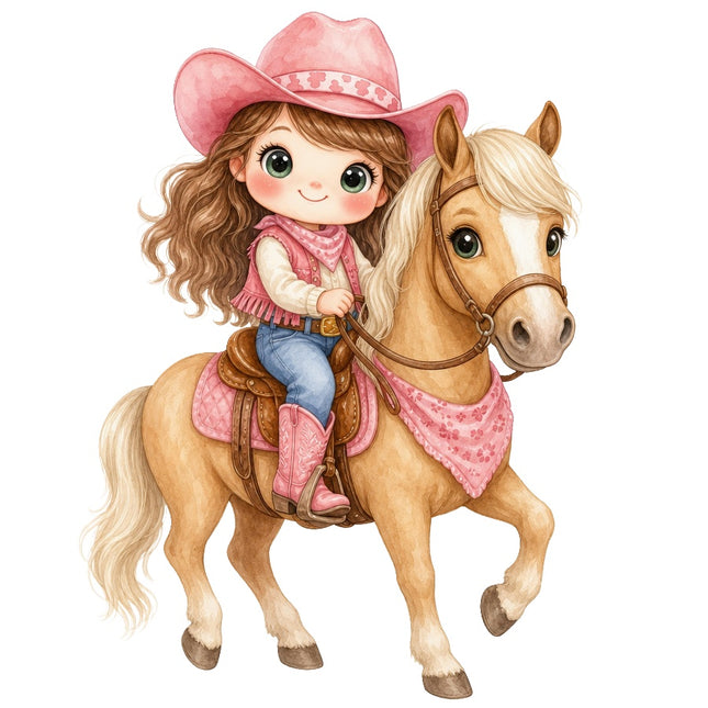 Pink Cowgirl & Horse 100% Cotton Fabric Panel Block AAB2015