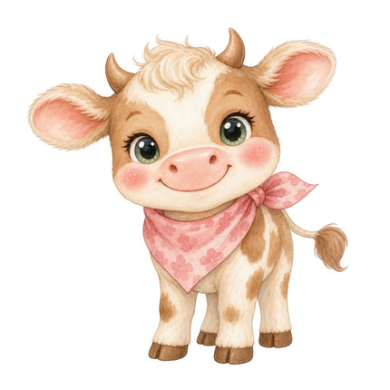 Cow With Pink Scarf 100% Cotton Fabric Panel Block AAB2019