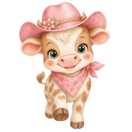 Cow With Pink Scarf & Cowgirl Hat 100% Cotton Fabric Panel Block AAB2021