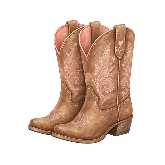 Pink & Brown Cowgirl Boots 100% Cotton Fabric Panel Block Quilt Square AAB2026