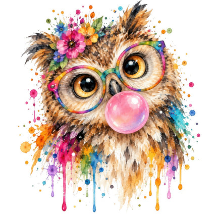 Owl Wearing Sunglasses & Chewing Gum 100% Cotton Fabric Panel Block AAB2029
