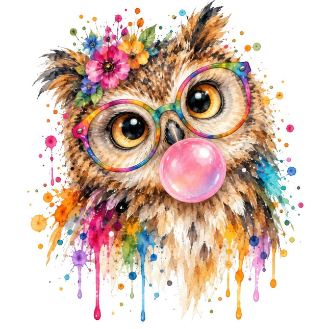 Owl Wearing Sunglasses & Chewing Gum 100% Cotton Fabric Panel Block AAB2029