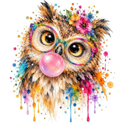 Owl Wearing Sunglasses & Chewing Gum 100% Cotton Fabric Panel Block FLIP-AAB2029