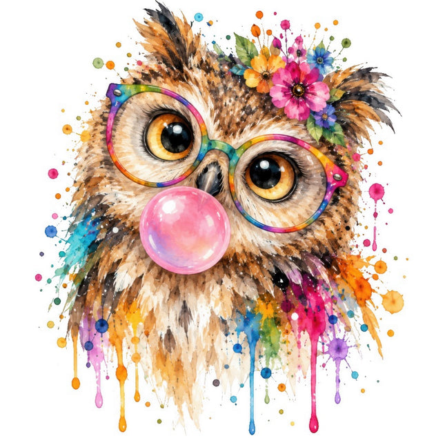 Owl Wearing Sunglasses & Chewing Gum 100% Cotton Fabric Panel Block FLIP-AAB2029