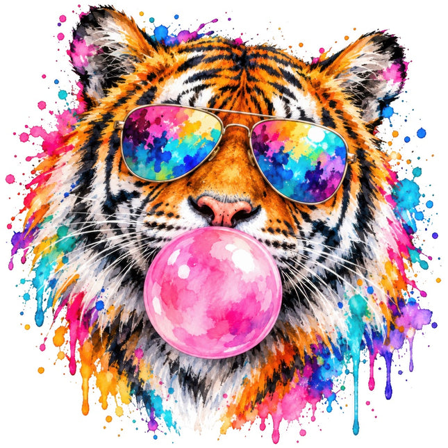 Tiger Wearing Sunglasses & Chewing Gum 100% Cotton Fabric Panel Block AAB2031