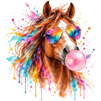 Horse Wearing Sunglasses & Chewing Gum 100% Cotton Fabric Panel Block AAB2032