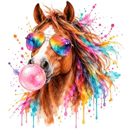 Horse Wearing Sunglasses & Chewing Gum 100% Cotton Fabric Panel Block FLIP-AAB2032
