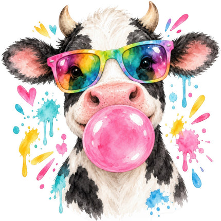 Cow Wearing Sunglasses & Chewing Gum 100% Cotton Fabric Panel Block AAB2035
