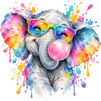 Elephant Wearing Sunglasses & Chewing Gum 100% Cotton Fabric Panel Block AAB2036