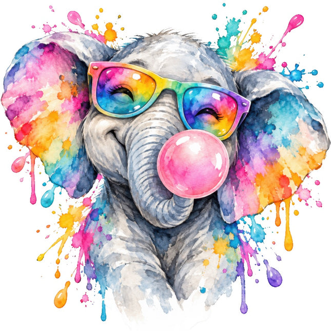Elephant Wearing Sunglasses & Chewing Gum 100% Cotton Fabric Panel Block AAB2036