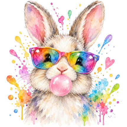 Rabbit Wearing Sunglasses & Chewing Gum 100% Cotton Fabric Panel Block AAB2040