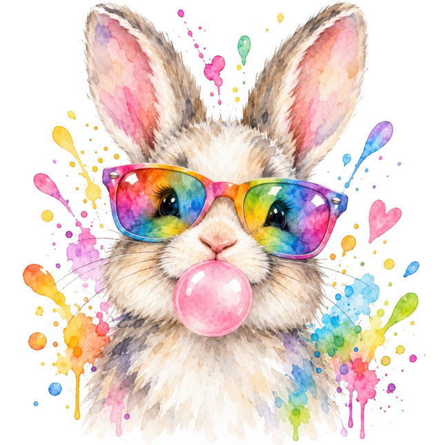 Rabbit Wearing Sunglasses & Chewing Gum 100% Cotton Fabric Panel Block AAB2040